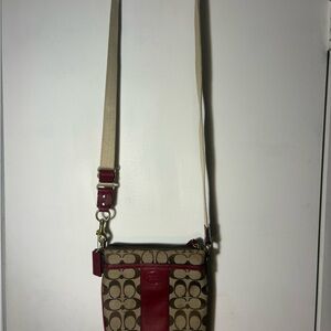 Coach Khaki Signature Canvas Crossbody with Red Trim